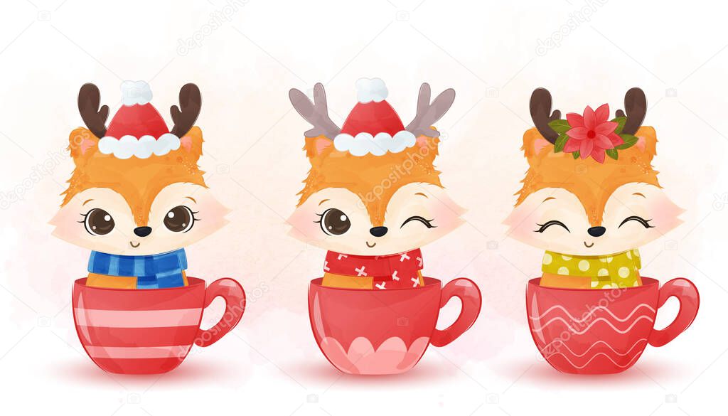 cute foxes with funny christmas hats in watercolor effect great for holiday decoration and children prints.