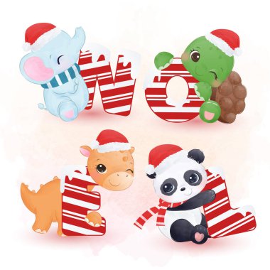 Kış mevsiminde sevimli hayvanlarla Noel çizimi