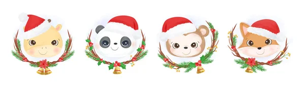 Adorable Baby Animals Winter Christmas Illustration — Stock Vector