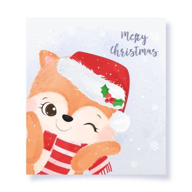 Sevimli hayvan resimli şirin Noel tebrik kartı. Noel ve kış dekorasyonu.
