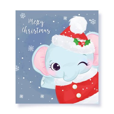 Fil resimli şirin bir Noel tebrik kartı. Noel arkaplan çizimi.