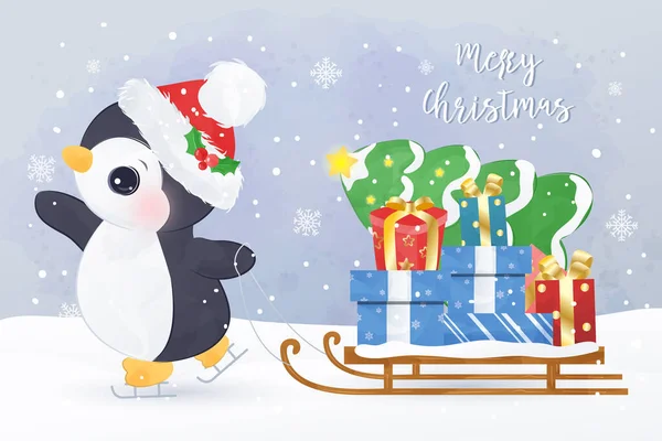 Χαριτωμένο Χριστούγεννα Ευχετήρια Κάρτα Αξιολάτρευτο Πιγκουίνος Εικόνα Χριστουγεννιάτικη Απεικόνιση Φόντου — Διανυσματικό Αρχείο