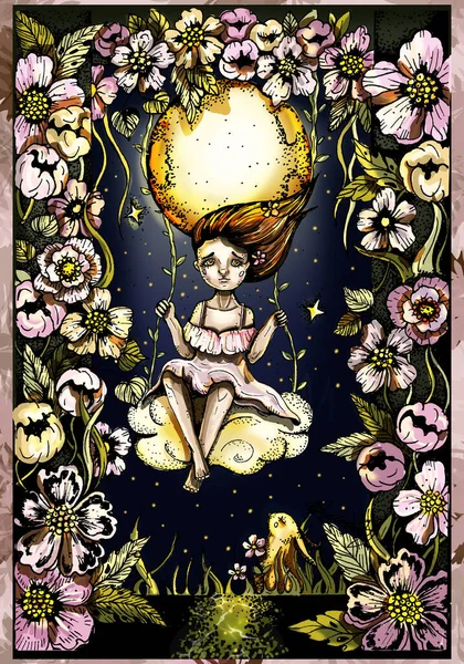 小女孩穿着漂亮的衣服 头发在风中飘扬 骑在花朵拱上 在星空下的溪流上摇曳 一只小兔子坐在草丛中欣赏着它 — 图库照片
