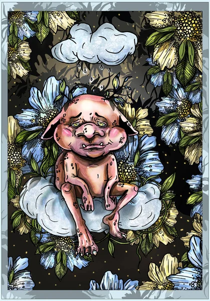 Fairytale character, tired Troll with sad look, with protruding teeth and drooping ears, with round nose and sprouting leaves from his head, sits on big cloud under rain surrounded by large flowers.