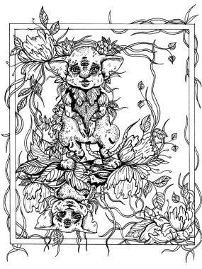 İki benzer sihirli fare, ince kuyruklu, büyük kulaklı ve üç gözlü, büyük çiçek ve yapraklarda saklanan, biri baş aşağı asılı duran, ikincisi patileri önünde katlanarak duran bir faredir..