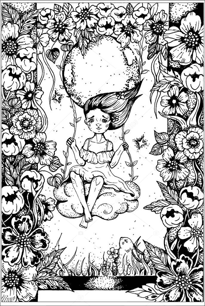 Cute little girl in dress with her hair blowing in the wind, riding on a cloud-swing in a flower arch over a stream under the moon among the stars, a small rabbit admires it, sitting in the grass.