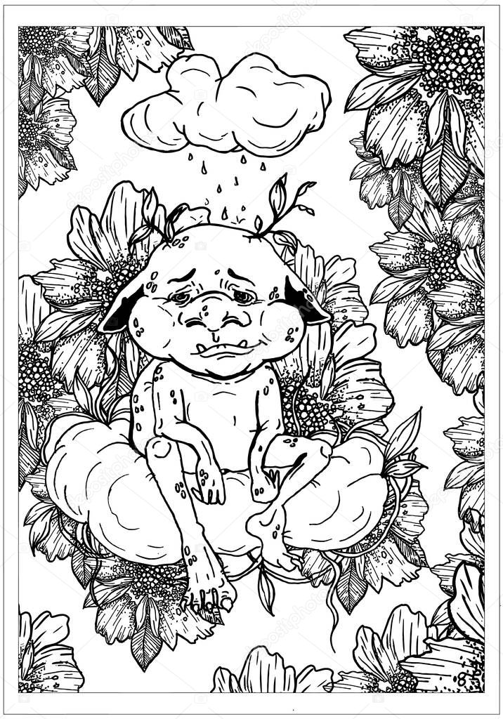 Fairytale character, tired Troll with sad look, with protruding teeth and drooping ears, with round nose and sprouting leaves from his head, sits on big cloud under rain surrounded by large flowers.