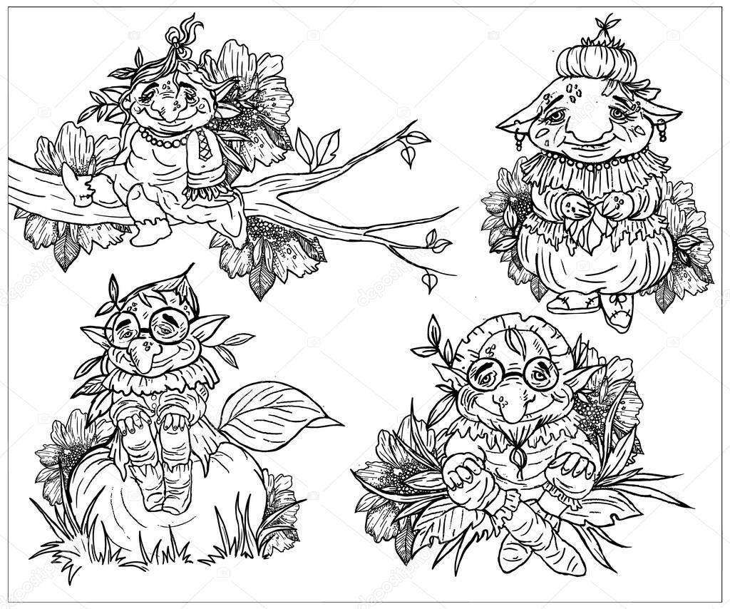 Fairytale cartoon characters, four small, magic gnome with big heads and pointed ears. One sits on a pumpkin, second sits on a branch, third in flowers and the fourth stands in a beautiful attire.