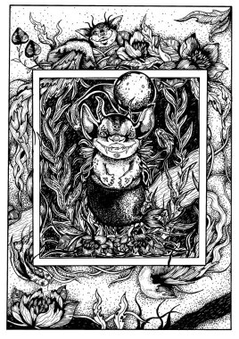 Magic character, fabulous swamp creature, creepy, with three eyes, thin horns, large and long ears, sharp teeth, and fish tail with fins, sitting at the bottom of swamp, among algae and jellyfish. vector Magic character, fabulous swamp creature, creepy, with three eyes, thin horns, large and long ears, sharp teeth, and fish tail with fins, sitting at the bottom of swamp, among algae and jellyfish. vector