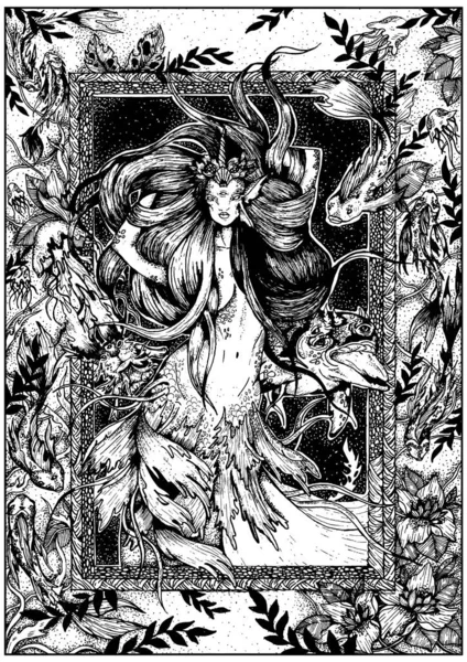 Волшебный Персонаж Сказочная Прекрасная Морская Королева Таинственная Русалка Короной Голове — стоковый вектор