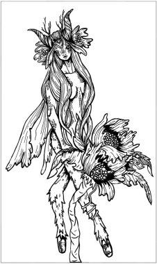 Sihirli yalıtılmış karakter, peri masalı karanlık yaratık, gizemli Dryad, kafasında büyük boynuzlar ve çiçeklerle dolu orman, uzun saçlı, uzun tüylü bacakları ve arkasında büyük kanatları olan..