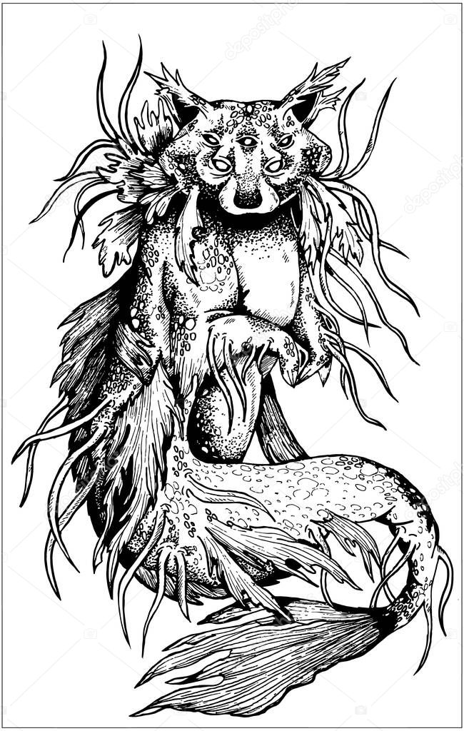 Magic isolated character, fairytale dark creature, mysterious sea raccoon with long fish tail and tentacles, marine animal with fins all over body, scale and seaweed, with bent paws and tail.