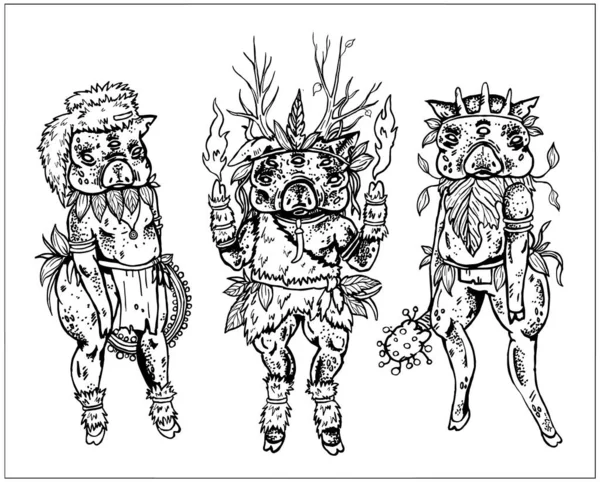 童话中孤立的人物 神奇的动物 三个猪巫师 一个头戴毛皮帽 头戴手镯 另一个头戴毛皮斗篷 脖子上戴着芳 爪子上还拿着火 第三个头戴护身符的猪 — 图库矢量图片