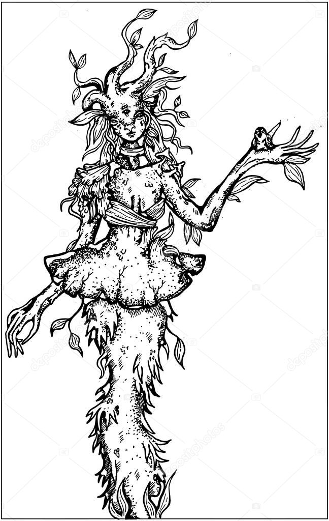 Magic isolated character, mystical, fairytale dark mushroom girl in a dress with sprouts and leaves on a head, with long arms and fingers, stand on stem leg, holding a bird in her hand.