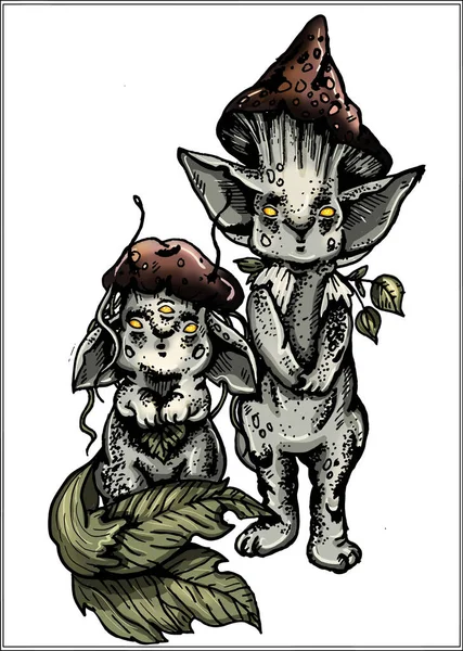 Magische Donkere Wezens Sprookjesachtige Geïsoleerde Personages Twee Kleine Schattige Grappige — Stockfoto