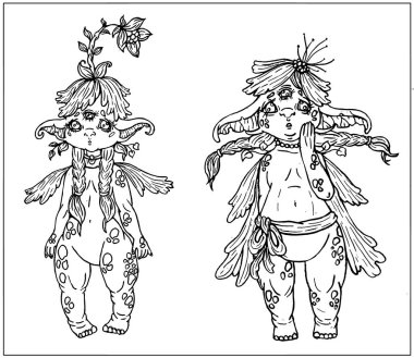 Peri masalı yaratıkları, sevimli çizgi film karakterleri, büyük kulaklı ve tombul yanaklı bebek orman perileri, uzun at kuyruğu, kanatları ve kısa bacakları, vücut ve kafasında bitki örtüsü ve çiçekler, farklı pozlarda..