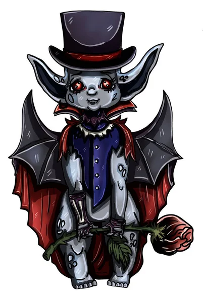 Fairytale character, magic creature, cute elf-vampire, baby Count Dracula in dressed for Halloween, in cylinder with long sharp ears, chubby cheeks and little fangs, with big wings and rose in hands.