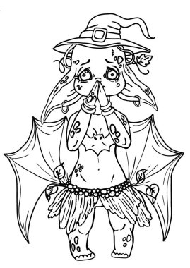 Peri masalı karakteri, sihirli yaratık, nazik şirin elf, Cadılar Bayramı için giyinmiş bebek cadı, etek giymiş, küpe takmış cadılar, uzun keskin kulaklı, büyük gözlü, kısa bacaklı ve tombul yanaklı..