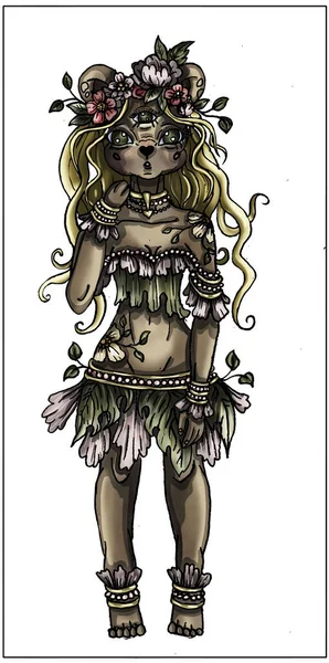 마법같은 동화같은 귀여운 캐릭터 부드러운 소녀는 곱슬곱슬 머리와 화환을 머리에 — 스톡 사진