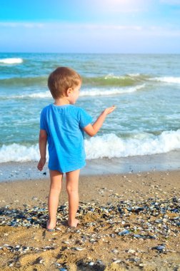 Mavi tişörtlü çocuk güneşli bir havada kumlu sahilde duruyor.