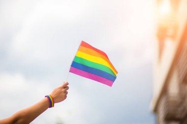 Gökyüzünde gökkuşağı bayrakları olan eşcinsel bir bilezik takan kadın eli. LGBT insanları, eşcinsel ilişkiler ve homoseksüel kavramlar 