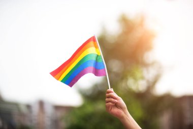  Gökyüzüne gökkuşağı bayraklı eşcinsel bir bilezik takan el. LGBT insanları, eşcinsel ilişkiler ve homoseksüel kavramlar 
