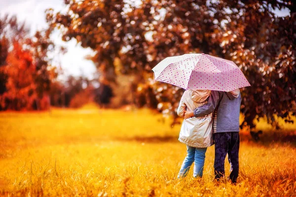 Boy Girls Umbrella Background Autumn Landscape — Stock Photo, Image