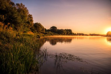 Nehirde şafak, suda güneşin yansıması. Güzel gün doğumu