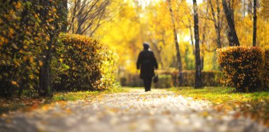 Bir sonbahar parkında bulanık bir kadın silueti sonbahar manzarasını bulanıklaştırdı