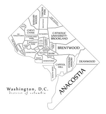 Modern City Map - Washington DC city of the USA with neighborhoods and titles outline map clipart