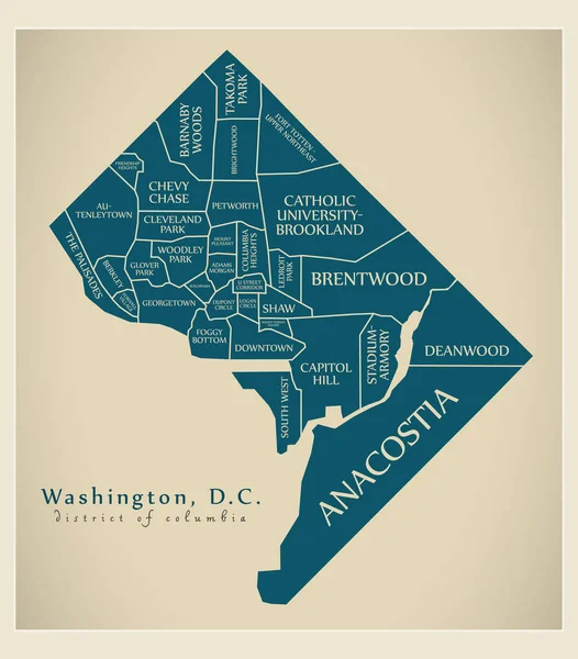 Modern şehir haritası - Washington Dc şehir mahalleleri ve başlıkları ile ABD