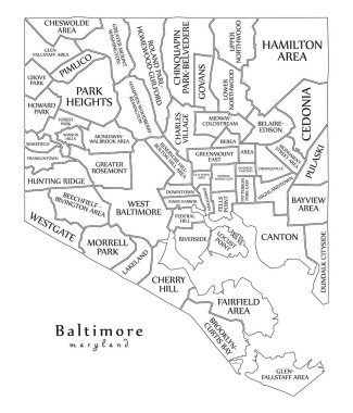 Modern City Map - Baltimore Maryland city of the USA with neighborhoods and titles outline map clipart