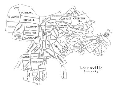 Modern şehir haritası - Kentucky Louisville şehir mahalleleri ve başlıklar anahat harita ile ABD