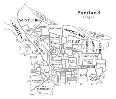 Modern City Map - Portland Oregon city of the USA with neighborhoods and titles outline map clipart