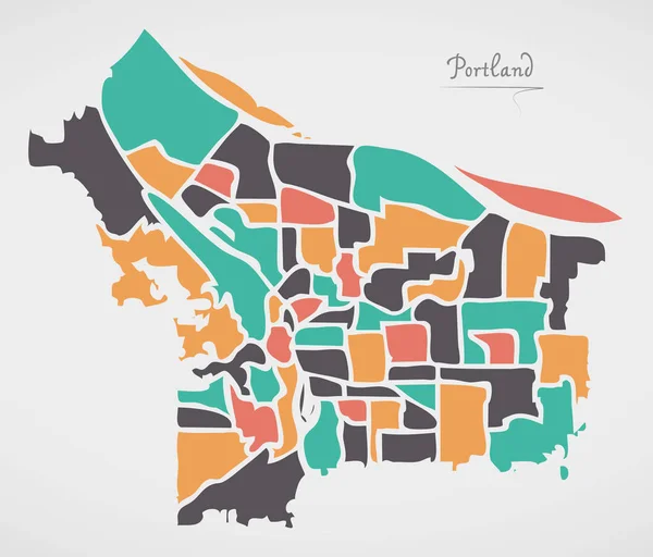 Portland Oregon Mapa Com Bairros Formas Redondas Modernas —  Vetores de Stock