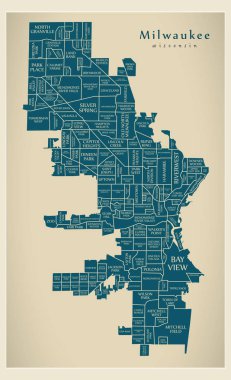 Modern City Map - Milwaukee Wisconsin city of the USA with neighborhoods and titles clipart