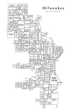 Modern City Map - Milwaukee Wisconsin city of the USA with neighborhoods and titles outline map clipart