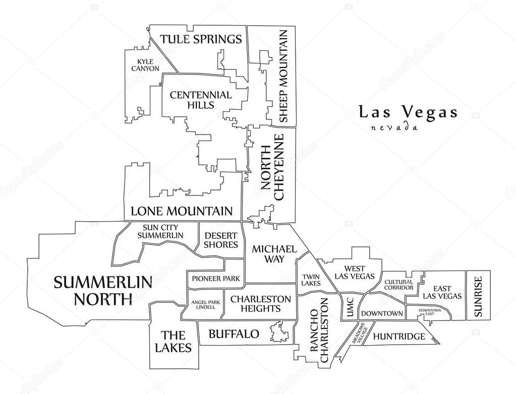 Modern City Map - Las Vegas Nevada city of the USA with neighborhoods and titles outline map