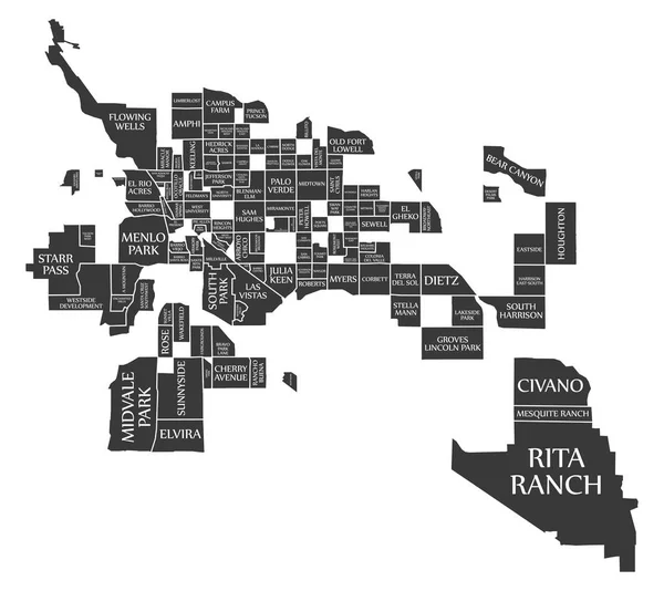 Tucson Arizona Mapa Ciudad Etiquetado Como Ilustración Negro — Vector de stock