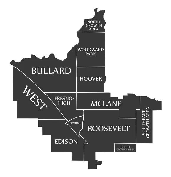Fresno California Mapa Ciudad Etiquetado Ilustración Negro — Vector de stock