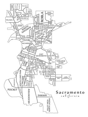 Modern şehir haritası - mahalleler ve başlıklar anahat harita ile ABD'nin Sacramento California city
