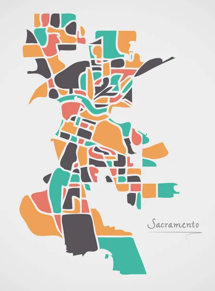 Sacramento California Mappa Con Quartieri Forme Rotonde Moderne — Vettoriale Stock