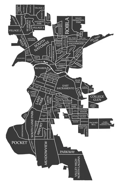 Sacramento California Mapa Ciudad Etiquetado Negro Ilustración — Vector de stock