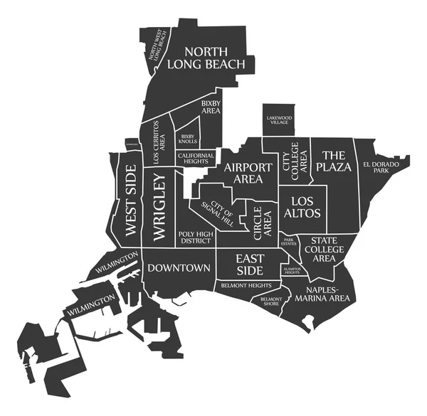 カリフォルニア州ロングビーチ市マップ米国ラベル黒の図 — ストックベクタ