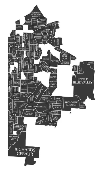 Kansas Missouri Mapa Ciudad Etiquetado Negro Ilustración — Archivo Imágenes Vectoriales