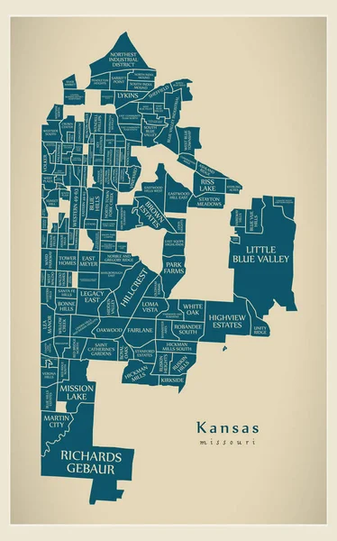 近代的な都市地図 地域とタイトルとアメリカ合衆国のミズーリ州カンザス市 — ストックベクタ