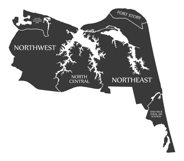 Virginia Beach Mapa Ciudad Etiquetado Como Ilustración Negro — Vector de stock