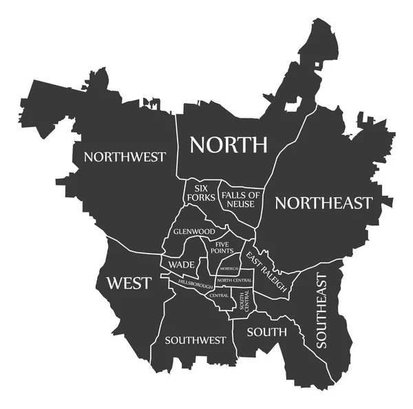 Raleigh Carolina Norte Mapa Cidade Eua Rotulado Ilustração Preta — Vetor de Stock