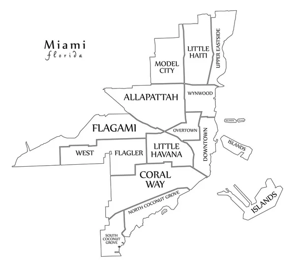 Moderner Stadtplan Miami Florida Stadt Der Usa Mit Bezirken Und — Stockvektor