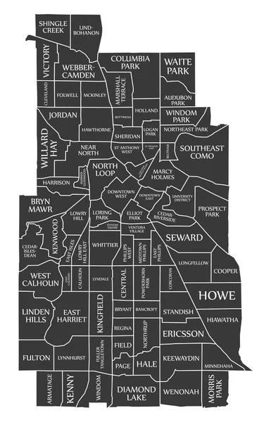 Minneapolis Minnesota Mapa Cidade Eua Rotulado Ilustração Preta — Vetor de Stock